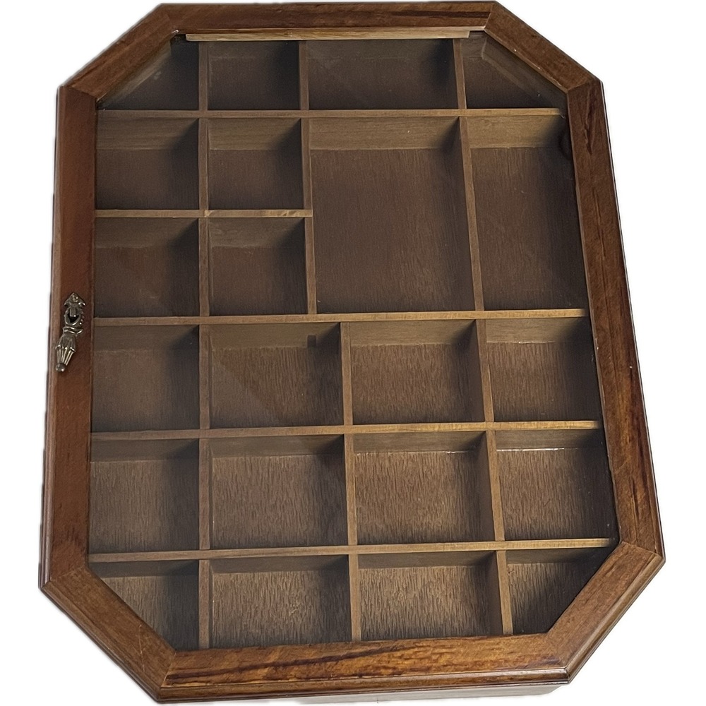 Vintage Enesco Wood Octagon Shadow Box Glass Curio Display Case 20 Compartments
